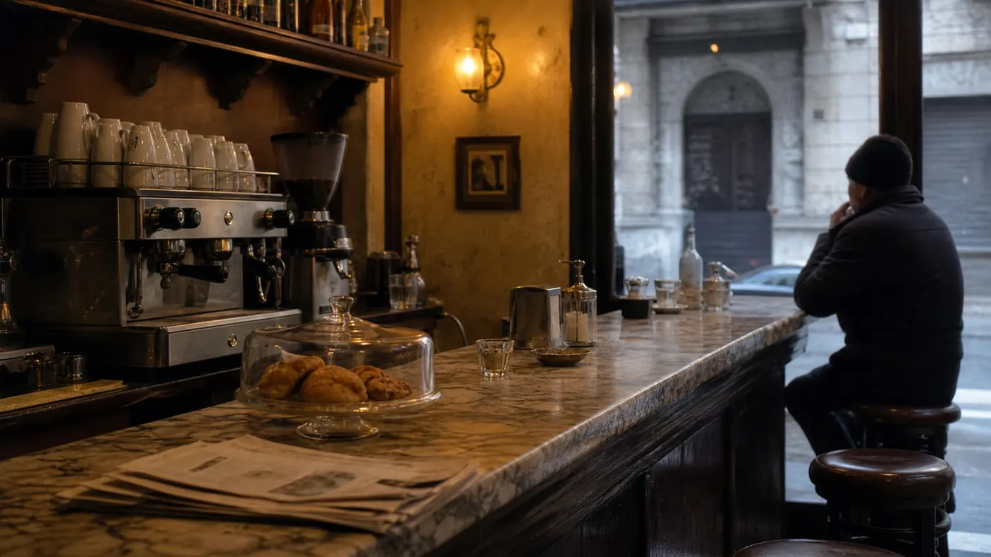 A marble bar counter at opening time, cups stacked behind